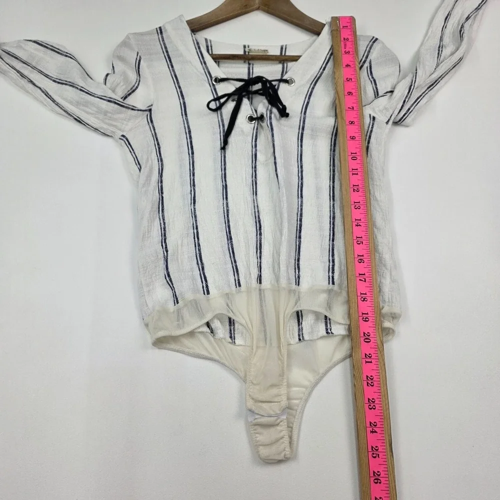 Free People Intimately Womens S Bodysuit Lace Up Striped Long Sleeve Boho Casual
